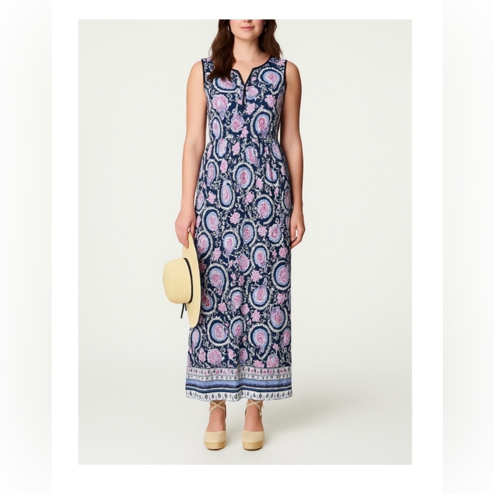 Talbots blue pink paisley floral sleeveless maxi empire waist split neck, sz 6